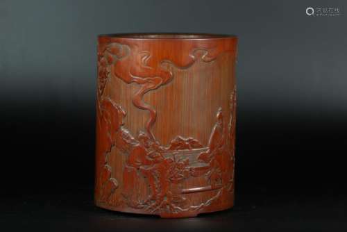 A CARVED BAMBOO 'SCHOLAR' BRUSHPOT.BITONG.ANTIQUE