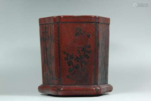 A CARVED RED-LACQUER BRUSHPOT.BITONG