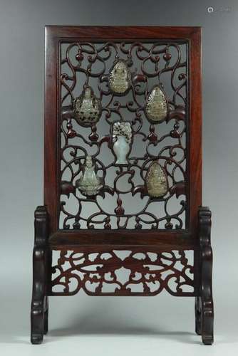 A JADE-INLAID HUANGHUALI TABLE SCREEN.ANTIQUE