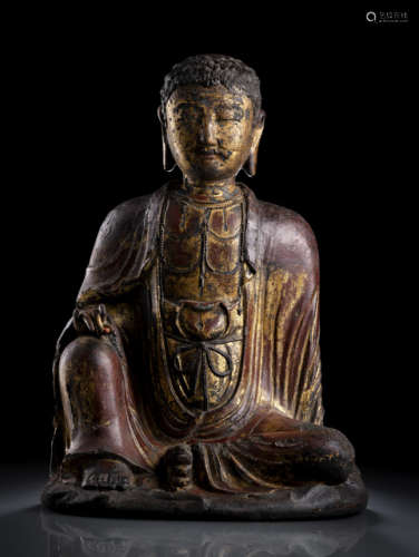 A VERY RARE AND FINE GILT AND RED DRY-LACQUER FIGURE OF PROBABLY KSHITIGARBHA