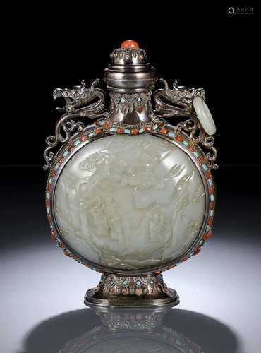 A SILVER STONE- AND JADE INLAID MOONFLASK AND COVER