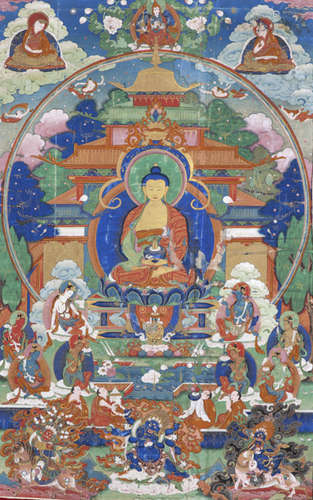 A THANGKA DEPICTING BUDDHA AMITABHA IN THE WESTERN PARADISE