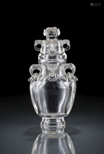 A ROCK CRYSTAL VESSEL AND COVER WITH ANIMAL HEAD AND LINGZHI HANDLES