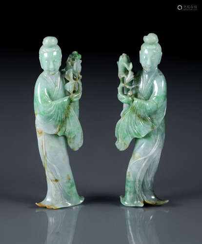 A WELL CARVED PAIR OF JADEITE MEIREN WITH PEACH BRANCHES