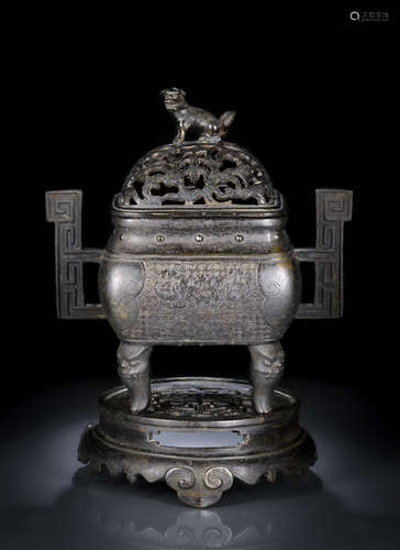 A LARGE SQUARE BRONZE CENSER WITH ARCHAISTIC BAT DECOR AND STAND