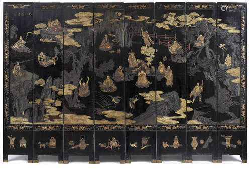 A GOOD EIGHT-PANEL COROMANDEL LACQUER SCREEN WITH A SCENE OF LUOHAN IN PARADISE