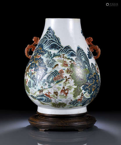 A FAMILLE ROSE 'HUNDRED DEER' HU-SHAPED VASE