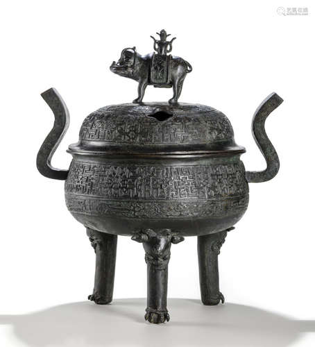 A LARGE BRONZE CENSER AND COVER IN ARCHAIC STYLE