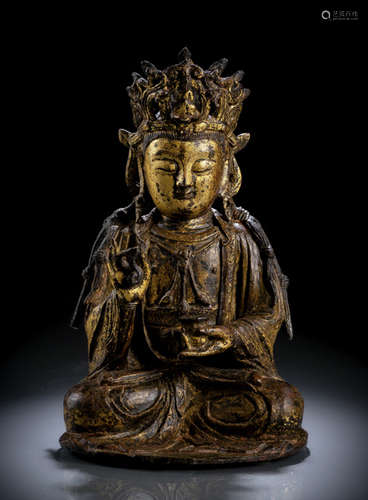 A GILT-LACQUERED BRONZE FIGURE OF GUANYIN