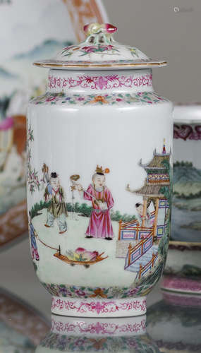 A CYLINDRICAL FAMILLE ROSE PLAYING BOYS PORCELAIN VASE AND COVER