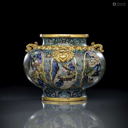 A PART-GILT CLOISONNÉ ENAMEL LANDSCAPE VASE