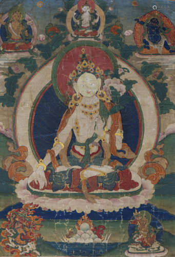 A GROUP OF FOUR THANGKA WITH SILK OR TEXTILE MOUNTS