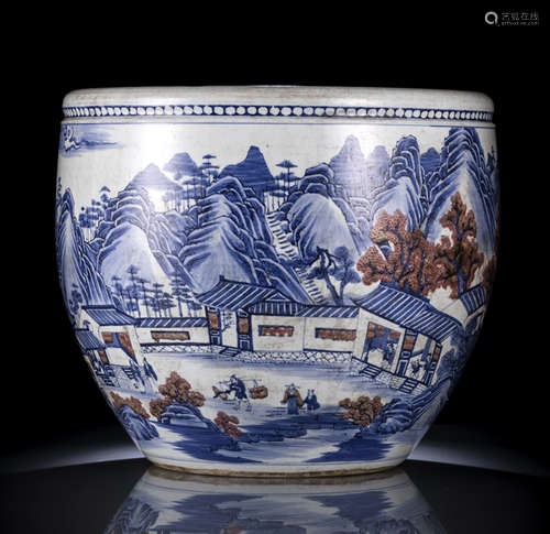 A LARGE UNDERGLAZE BLUE AND COPPER-RED LANDSCAPE PORCELAIN CACHEPOT