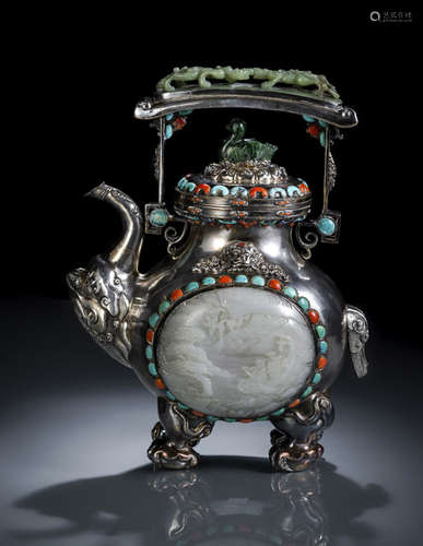 A FINE SILVER EWER AND COVER WITH JADE AND STONE INLAYS