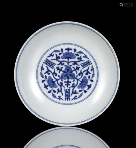 A BLUE AND WHITE SHOU AND BLOSSOM SAUCER