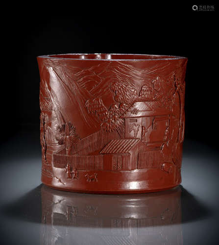 AN UNUSUALLY LARGE CARVED CORAL RED GLAZED PORCELAIN BRUSHPOT BY CHEN GUOZHI