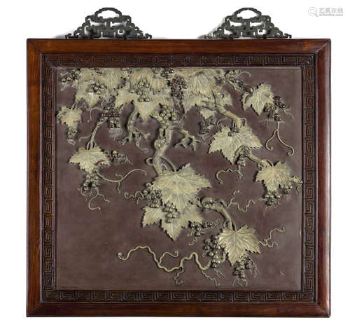 A LARGE FINELY CARVED DUAN GRAPES AND WHINE STONE PANEL IN WOODEN FRAME