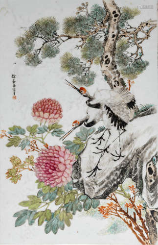 A PAINTED PORCELAIN PANEL WITH CRANE