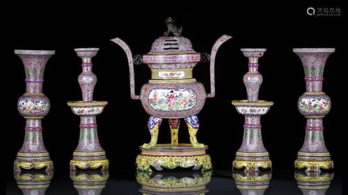 A FINE AND RARE CANTON ENAMEL ALTAR SET WITH A CENSER ON STAND; TWO VASES AND A PAIR OF CANDLE HOLDERS