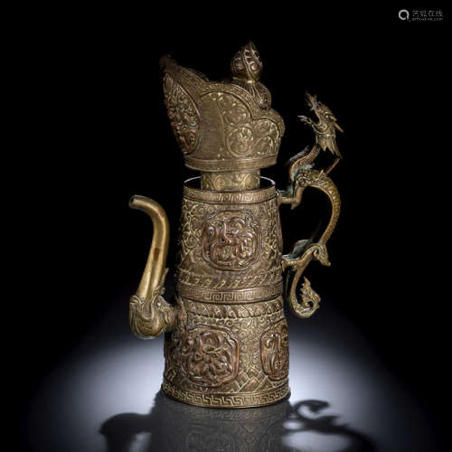 A COPPER AND BRASS REPOUSSÉ EWER AND COVER