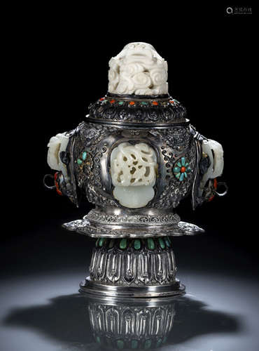 A SILVER VESSEL AND COVER WITH JADE AND STONE INLAYS ON A SILVER STAND