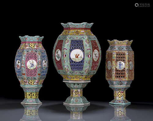 A GROUP OF THREE POLYCHROME DECORATED PORCELAIN LANTERNS