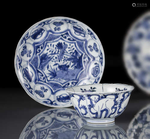 A BLUE AND WHITE KRAAK DEER BOWL AND A DISH