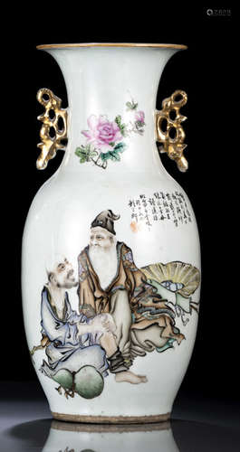 A FINE PAINTED PORCELAIN VASE WITH PAINTING IN THE STYLE OF WANG QI (1886-1933)