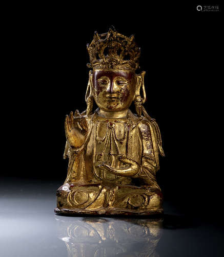 A GILT- AND RED-LACQUERED BRONZE FIGURE OF GUANYIN