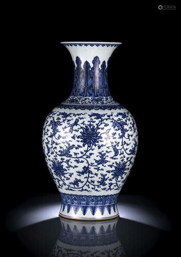 A BLUE AND WHITE LOTUS SCROLL BALUSTER VASE