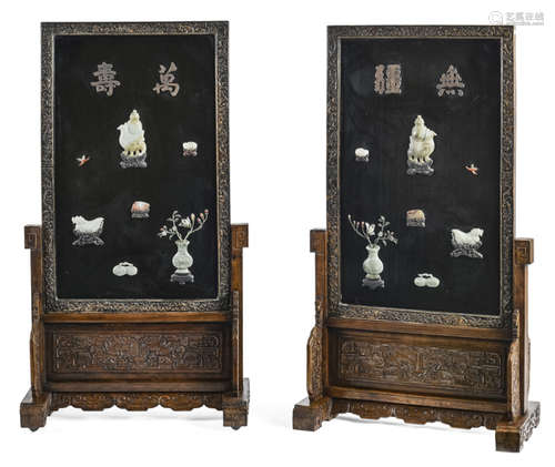 A PAIR OF JADE- AND HARDSTONE INLAID MIXED WOOD AND HARDWOOD SCREENS