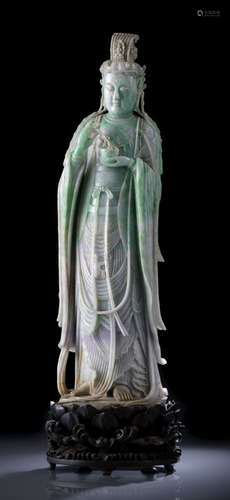 A FINE AND RARE LARGE JADEITE MODEL OF STANDING GUANYIN