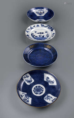 A GROUP OF FOUR BLUE AND WHITE DECORATED DISHES FROM THE COLLECTION OF AUGUST THE STRONG (1670-1733)