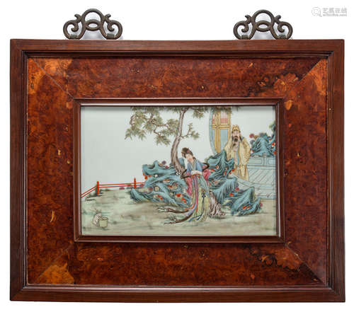 A PORCELAIN PLATE WITH POLYCHROME PAINTING OF A LITERARY SCENE