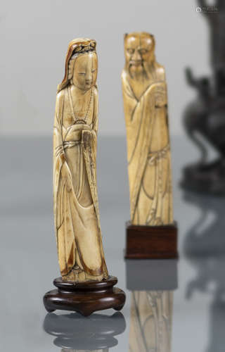 A CARVED IVORY MODEL OF GUANYIN AND A CARVING OF ZHONGLI QUAN
