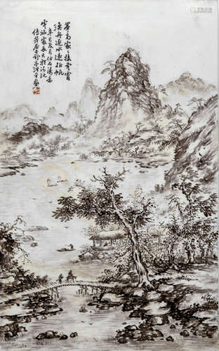 A PAINTED PORCELAIN PANEL WITH A LANDSCAPE IN THE STYLE OF WANG YETING (1884-1942)