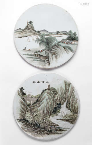 A PAIR OF PAINTED PORCELAIN LANDSCAPE PANELs