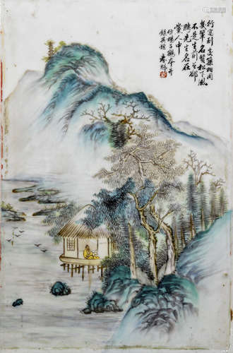 A PAINTED PORCELAIN PANEL WITH SEA LANDSCAPE AND PAVILLION