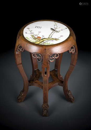 A WOODEN STOOL WITH A PAINTED BIRD AND INSCRIBED BIRD PORCELAIN PANEL