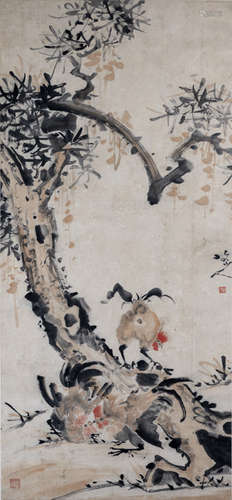 In the style of Zhu Da (1626-1705). Three Fighting Cocks Beneath a Tree