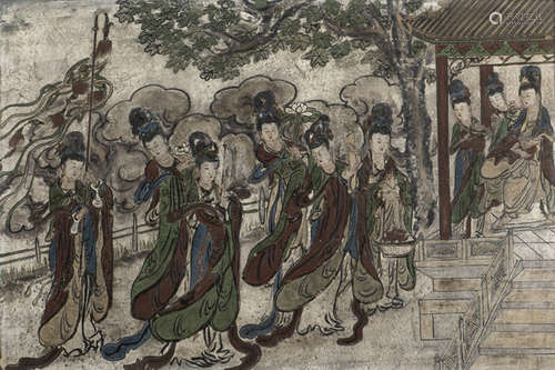 A STUCCO PAINTING OF GARDEN SCENE WITH FEMALE MUSCIANS AND A RECEPTION