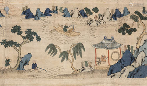 A SILK KESI WITH A RIVER LANDSCAPE AND FIGURES