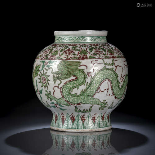 A RARE AND UNUSUAL GREEN AND IRON-RED DECORATED DRAGON JAR