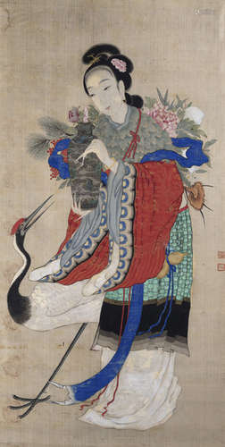 AN ANONYMOUS PAINTING OF MAGU WITH CRANE AND FLOWER BASKET