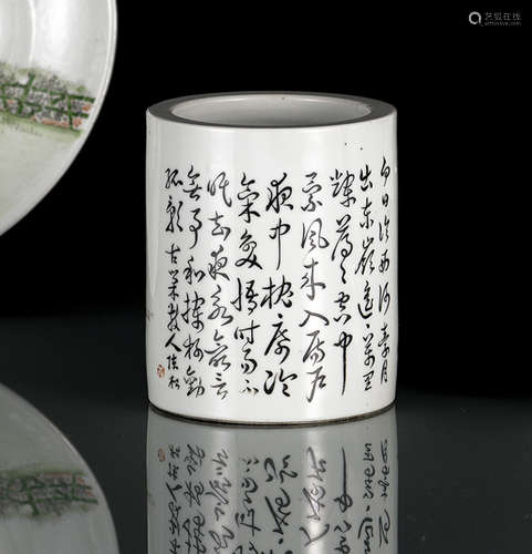 A PAINTED AND INSCRIBED PORCELAIN BRUSHPOT