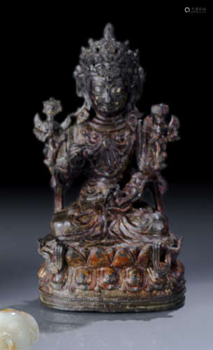 A GILT- AND RED-LACQUERED BRONZE FIGURE OF A KSHITIGARBHA
