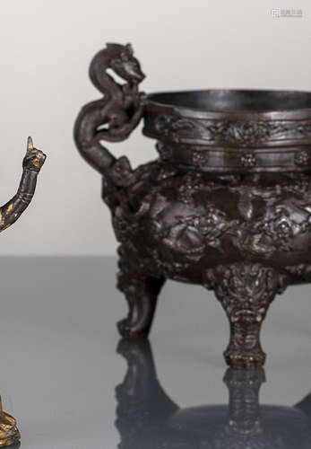 A BRONZE CENSER WITH DRAGON HANDLES