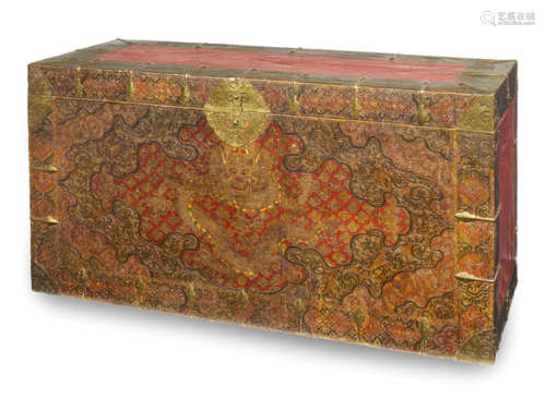 A LARGE POLYCHROME DECORATED WOODEN DRAGON CHEST