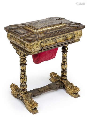 A BLACK-LACQUER GILT-PAINTED CABINET WITH SEWING PARAPHERNALIA