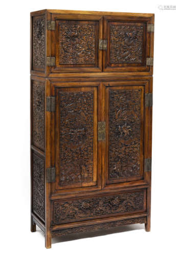 A PAIR OF CARVED DRAGON HARDWOOD CABINETS